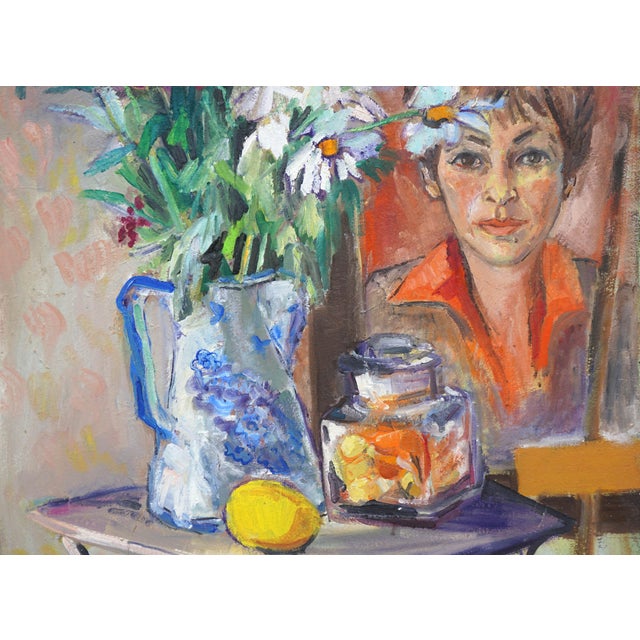 Wonderful mid-century still life of a floral bouquet with self portrait, in a vivid palette and painterly brush strokes,...
