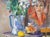 Wonderful mid-century still life of a floral bouquet with self portrait, in a vivid palette and painterly brush strokes,...