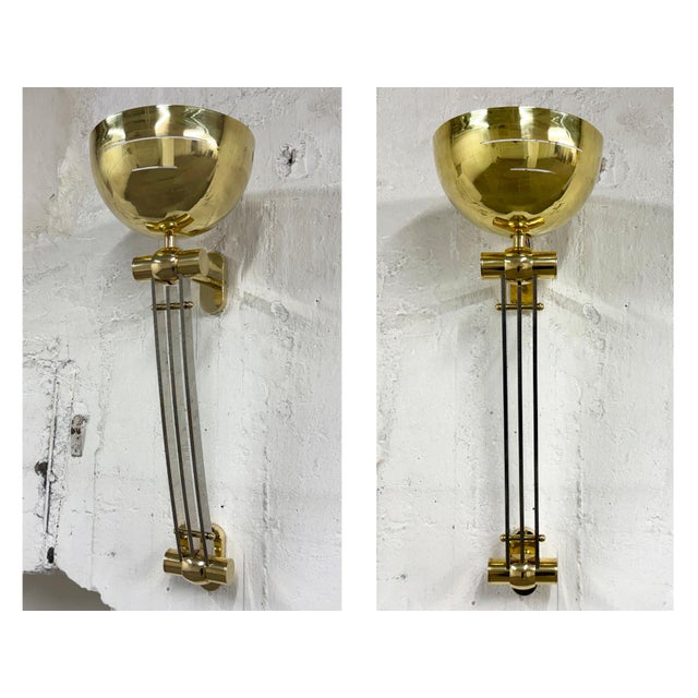 Metal Large Art Deco Style Custom-Made Partially Chrome-Plated Wall Lamps in Brass, France, 1950s, Set of 2 For Sale - Image 7 of 7