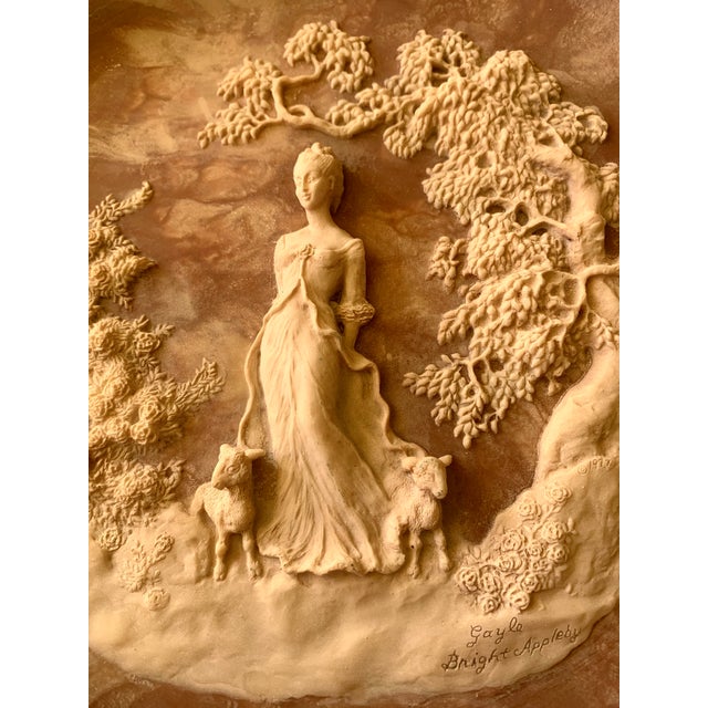 Champagne Vintage 1977 Gayle Bright Appleby Art Incolay Stone “ She Walks in Beauty “ Collector Sculpture Plate 10” Round, 3 D For Sale - Image 8 of 10