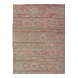 Colorful Vintage Embroidered Kilim With Stripes and Alternating Geometric Motifs 6'9 X 9'3 For Sale