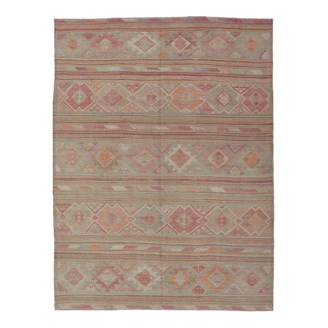 Colorful Vintage Embroidered Kilim With Stripes and Alternating Geometric Motifs 6'9 X 9'3 For Sale