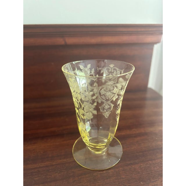 Elegant vintage Cambridge Glass 6-piece footed, miniture tumblers with etched Apple Blossom pattern. These versatile...