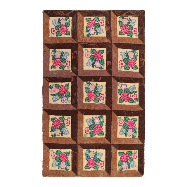 3'x5' Vintage American Hooked Rug | Brown & Colorful American Hook Area Rug For Sale