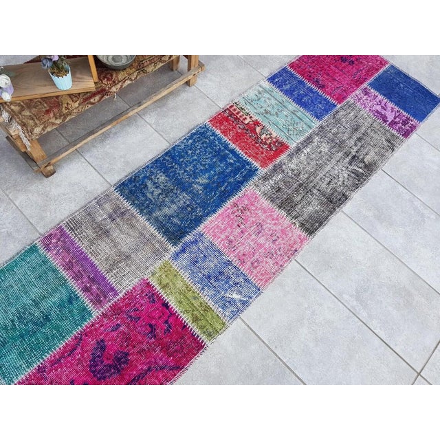 Turkish Mid 20th Century Green & Pink Handnotted Runner For Sale - Image 3 of 10