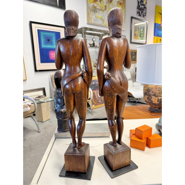 Brown Carved Oak Folk Art Figures - Set of 2 For Sale - Image 8 of 12