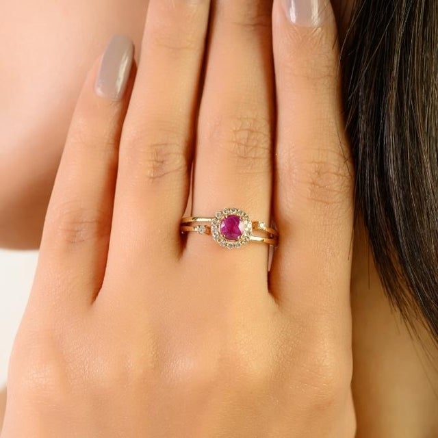 Vintage Inspired Round Ruby & Diamond Halo Ring Size 6 in 14k Yellow Gold For Sale - Image 4 of 14