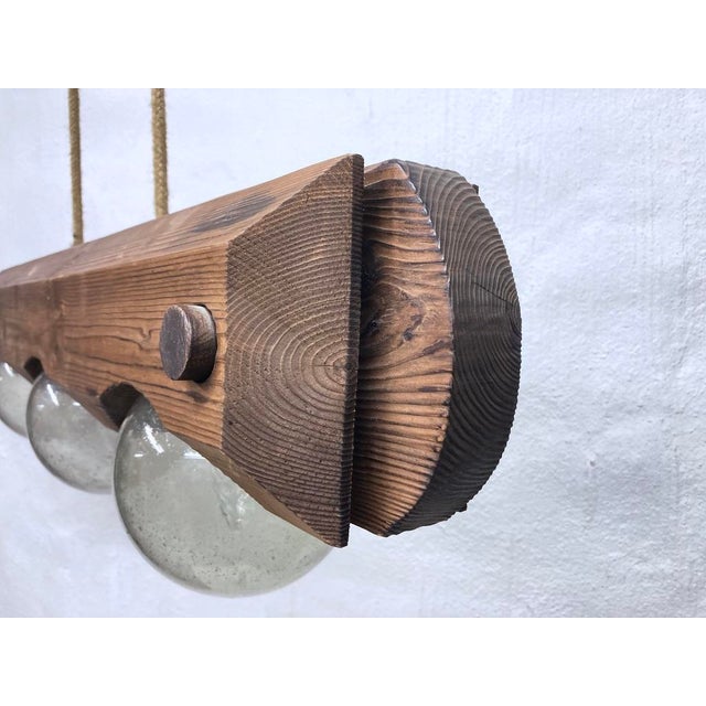Wood Brutalist 3-Light Pendant Lamp in Wood and Glass from Temde, 1970s For Sale - Image 7 of 14