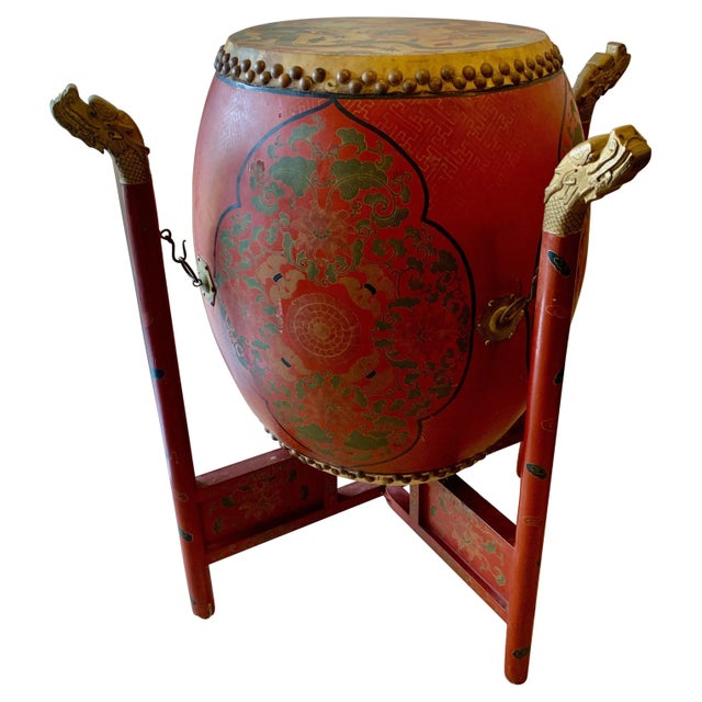 Chinese Qing Dynasty Lacquer, Wood & Leather Double Sided Drum with Stand & Drum Sticks For Sale - Image 13 of 13