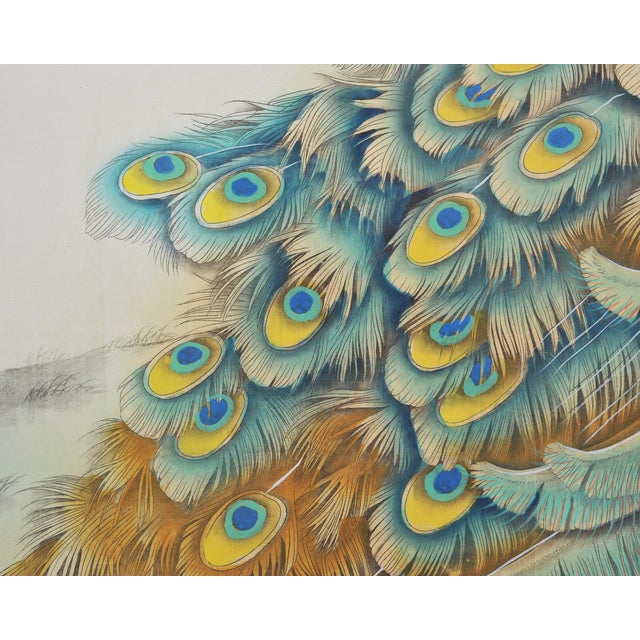 20th C. Chinese Export Pair of Peacocks and Flowers Painting For Sale - Image 14 of 18