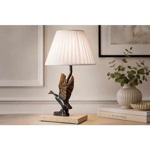 Duck Table Lamp in Bronze-Toned Metal on Travertine Base, 1970s For Sale - Image 3 of 9