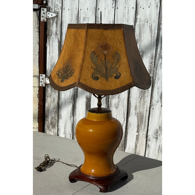 1940s Eggyolk Chinese &Terracotta Color Lamp With Custom Floral With Hand Painted Parchment Shade For Sale - Image 18 of 18
