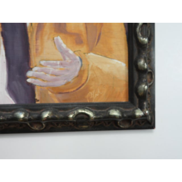 Contemporary gouache on wood panel expressionist portrait painting of man in tan coat by K.C. Bacon (20th, 21st c.)...