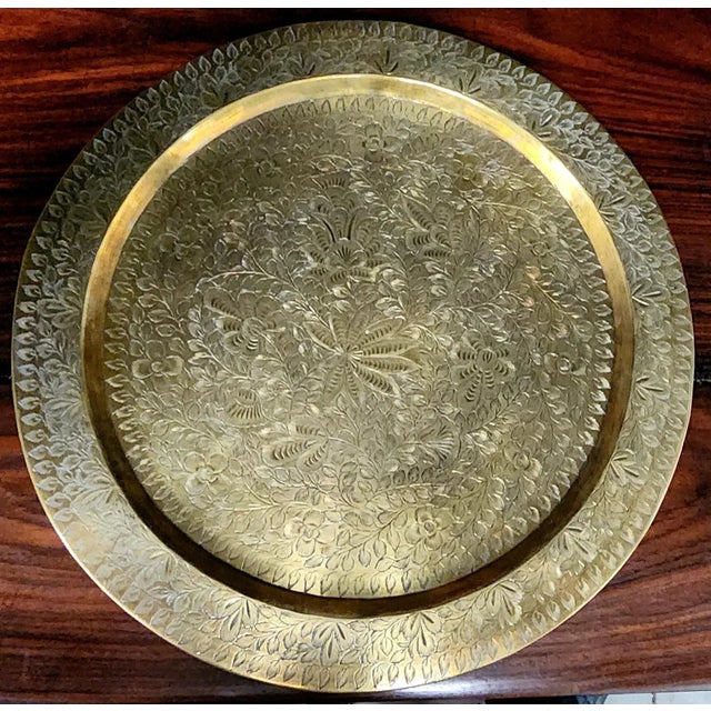Indian Vintage Solid Bronze Finely Engraved Round Serving Tray For Sale - Image 4 of 10