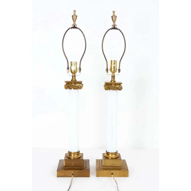 Paul Hanson Pair of Brass and White Opaline Glass Lamps For Sale - Image 4 of 8