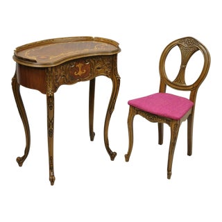 Vintage Mid Century Small French Louis XV Inlaid Kidney Bean Petite Desk & Chair For Sale