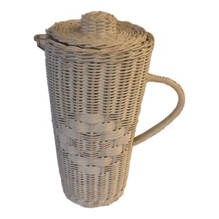 1960s Tall White Wicker Pitcher With Lid and Plastic Inserts For Sale