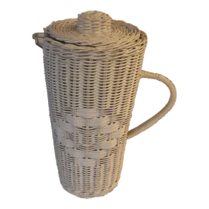 1960s Tall White Wicker Pitcher With Lid and Plastic Inserts