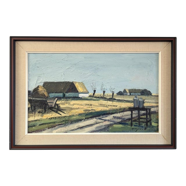 Mid-Century Modern 'Quiet Days on the Farm' Vintage Original Swedish Landscape Oil Painting, Framed For Sale
