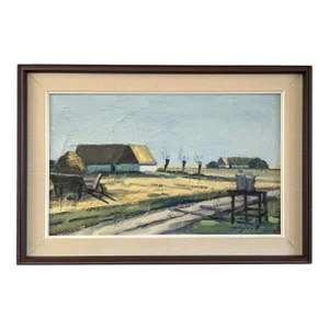 Mid-Century Modern 'Quiet Days on the Farm' Vintage Original Swedish Landscape Oil Painting, Framed