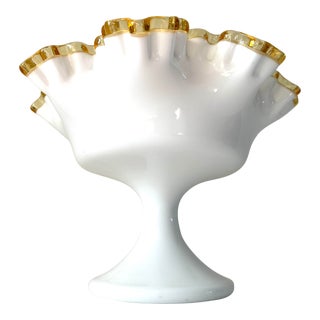 Vintage Fentons Footed Ruffle Milk Glass Bowl With Amber Rim For Sale