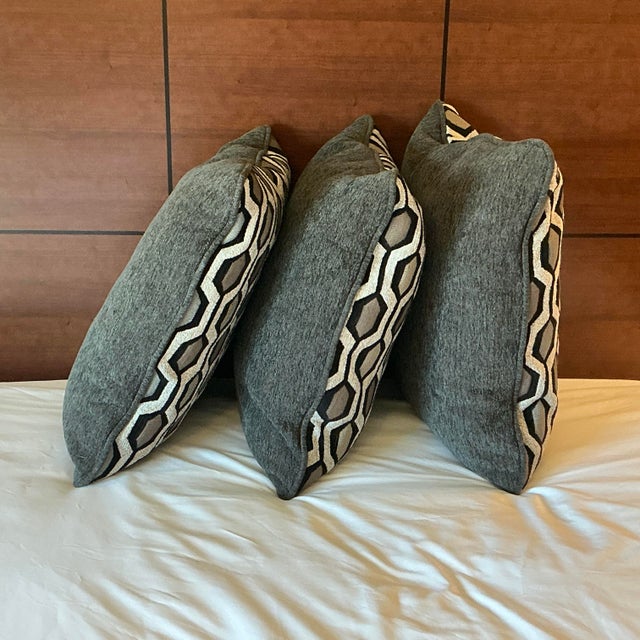 Abstract 1980s Abstract Boho Chic Geometric Gray & Black Chenille Tapestry Style Pillows - Set of 3. For Sale - Image 3 of 10