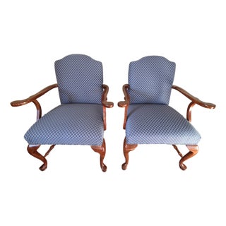 1980s Attributed to Ethan Allen Pair of Upholstered Armchairs Blue Diamonds For Sale