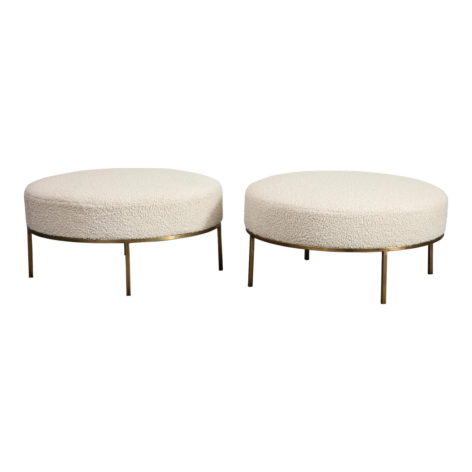 Pair of Round Bone Bouclé Ottomans With Brass Base | Chairish