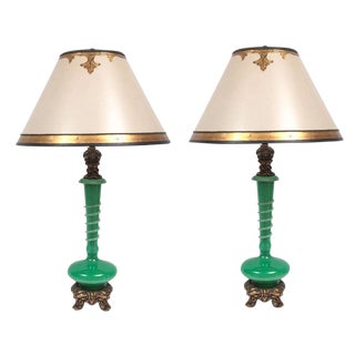 1900s Steuben Green Apple Lamps on Bronze Bases - a Pair For Sale