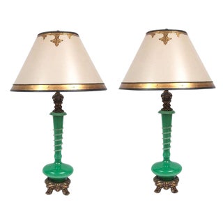 1900s Steuben Green Apple Lamps on Bronze Bases - a Pair For Sale