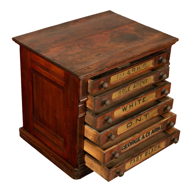 Brown Antique Eastlake Clark's Walnut Mercantile Store Advertising Thread Cabinet 1880 For Sale - Image 8 of 18