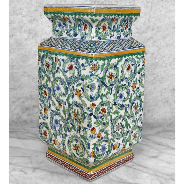 Vintage 14" Chinese Porcelain & Enamel Green Floral Paneled Vase For Sale - Image 4 of 9