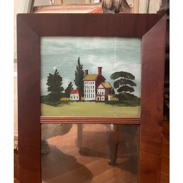 Traditional Petit Federal Style Mirror With a Painting of a Country House For Sale - Image 3 of 5