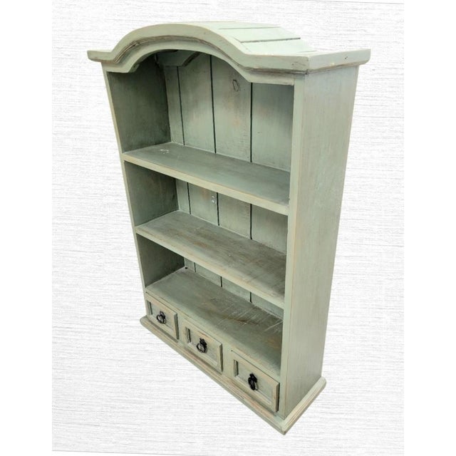 Vintage Rustic French Country Pale Green 3 Drawer Arched Distressed Wall Cabinet Shelving Unit For Sale - Image 13 of 13