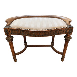 Antique Irish Carved Dressing Table Stool With Upholstered Seat For Sale