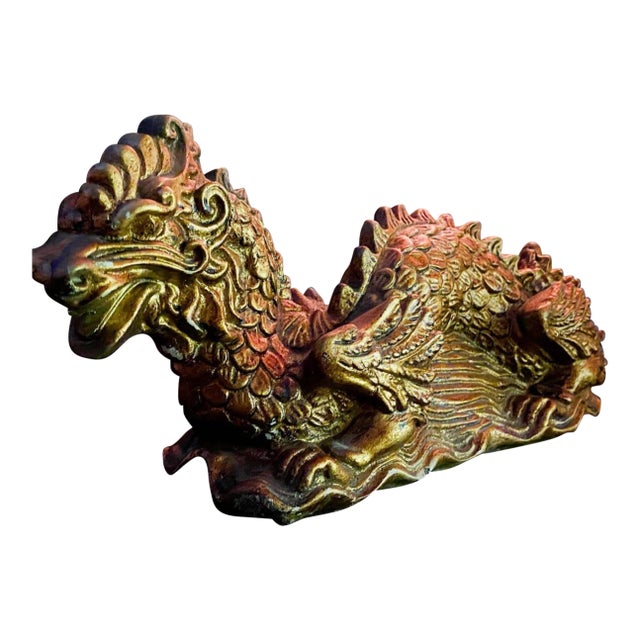 Gilt Dragon Sculpture With Aged Patina For Sale