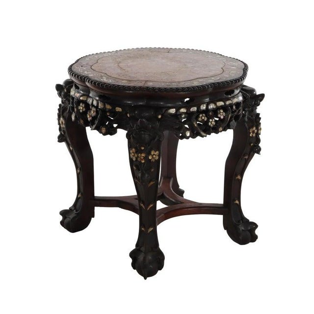 Wood 1920s Chinese Floral Carved Rosewood Rouge Marble Top Stand With Mother of Pearl Inlay For Sale - Image 7 of 12