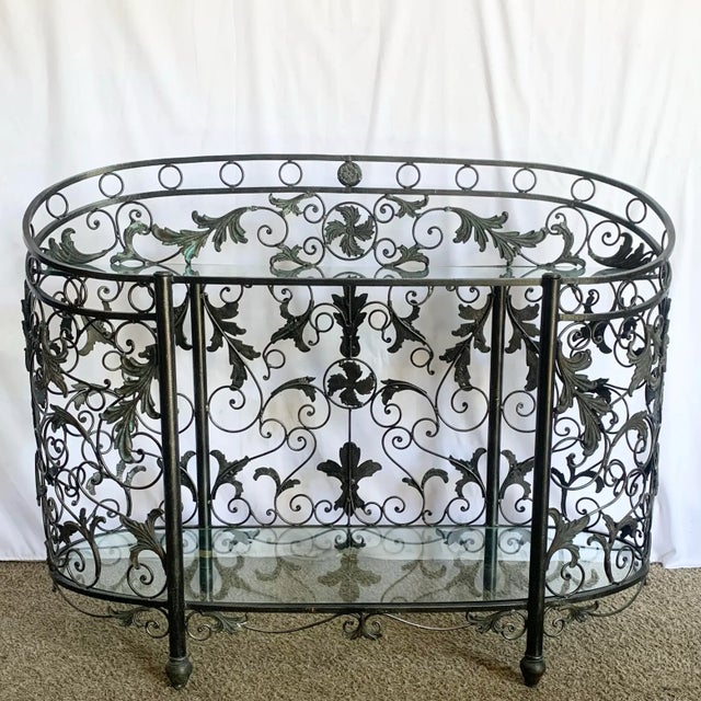 Black Vintage Wrought Iron Oval Two Tier Glass Top Console Table by Maitland Smith For Sale - Image 8 of 11