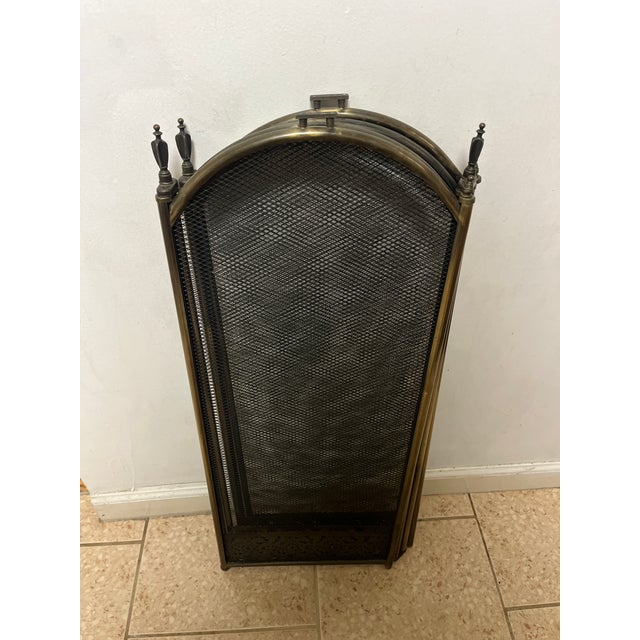 Mid-Century Modern Vintage MCM Four Panel Arch Fireplace Screen Metal Accents For Sale - Image 3 of 8