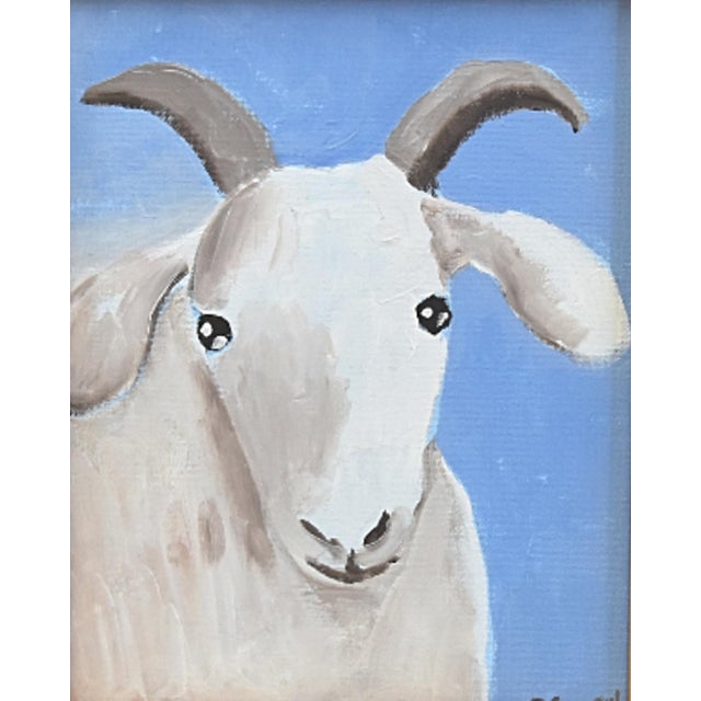 Farmhouse Folk Art Billy Goat Portrait Painting Including the Antiqued Gold Wood Frame For Sale - Image 3 of 5