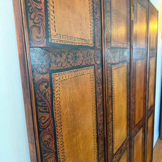 Vintage Spanish Colonial Style Tooled Leather Four-Panel Folding Screen For Sale - Image 4 of 6