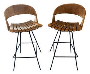 Attributed to Arthur Umanoff Rush Seat Wire Bases Bar Stools Circa 1970s - Set of 2