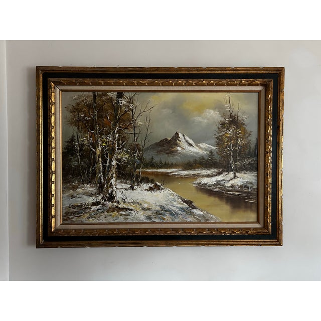 Impressionist Vintage Mid Century Original Large Landscape Oil Painting of Snowy Mountains in Black & Gold Frame For Sale - Image 3 of 8