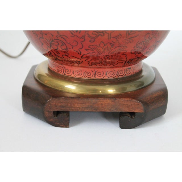 Vintage Frederick Cooper Asian Style Dark Red Ceramic and Wood Table Lamp W/ Floral Motif For Sale - Image 11 of 13