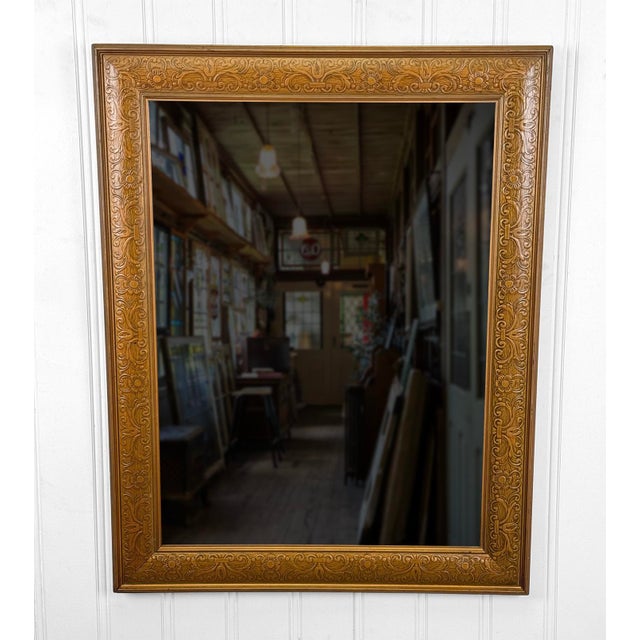 Antique Traditional Oak Floral Embossed Frame Wall Mirror - 26x32 For Sale - Image 4 of 9