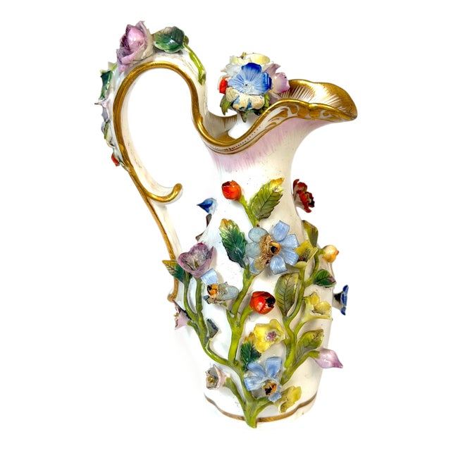 Meissen Applied Floral Porcelain Perfume Ewer Original Stopper, Germany, 1875 For Sale