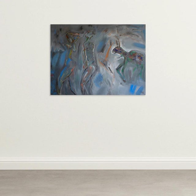 Jordi samsó’s 1988 composition captures a haunting convergence of human and animal forms in a dreamlike, expressionistic...