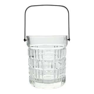 1980s Vintage Geometric Square Grid Plaid French Glass Ice Bucket For Sale