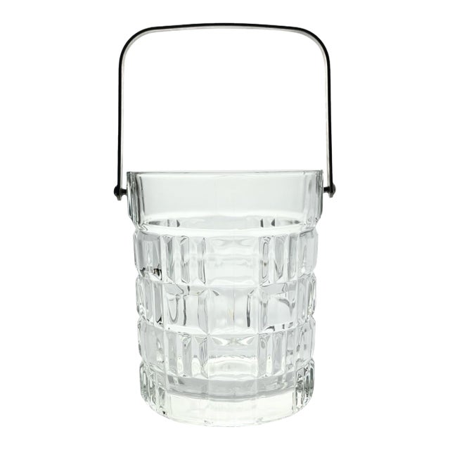 1980s Vintage Geometric Square Grid Plaid French Glass Ice Bucket For Sale