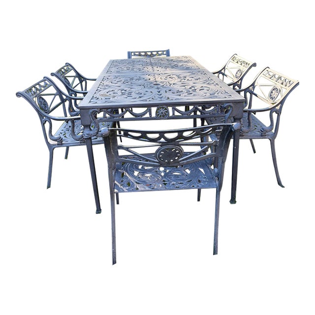 Vintage Star & Dolphin Cast Metal Patio Dining Set – Table & 6 Chairs For Sale